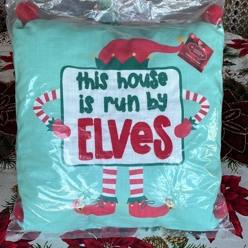 Brand New Christmas Throw Pillow “This Home is Run By Elves” 16” x 16” Square